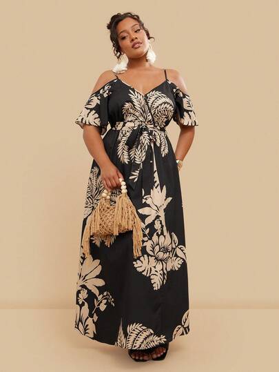 Travachic Plus Size Tropical Print Spaghetti Strap Off Shoulder Short Sleeve Dress Boho Style Women, Resort Outfit For Women, Island Holiday Outfit, Havana Outfit, Summer Outfit, Spring Outfit, Beach Outfits,Tropical Outfit, Mexican Style