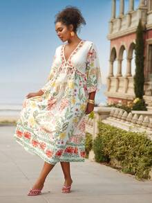 Travachic Rochie maxi cu mânecă lungă și imprimeu floral tropical pentru femei, mărime mare, rochie lejeră cu papion, decolteu în V, spate fără bretele, rochie cu decor cu volane, rochie romantică pentru sărbători și întâlniri insulare - Multicolor - Vizualizare 7