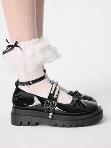 ROMWE Kawaii 女士时尚仿珍珠装饰搭扣设计休闲厚底厚底鞋 - 黑色 - 查看 4