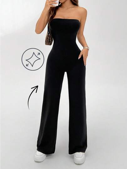 SHEIN EZwear Plus Size Casual Sleeveless Jumpsuit,Slim Fit & Flattering,High-Elasticity Strapless Flare Black Jumpsuit Women,Summer,Modest,Night Out Club