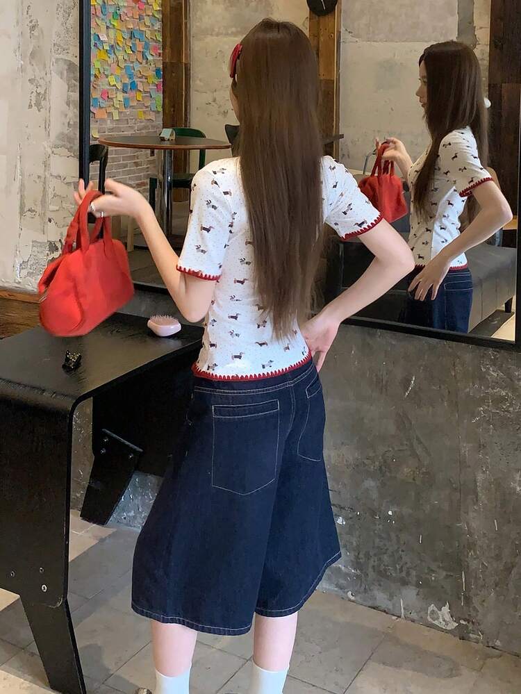 Women's Round Neck All-Over Print Korean Style Short Sleeve T-Shirt, Summer