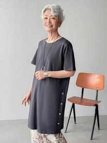 FRIFUL Áo thun nữ màu xám trơn, 100% cotton, xẻ tà bên hông, dáng rộng, thoải mái, đa năng. - Xám - Xem 7