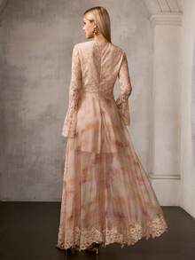 MOTF Soiréza Đầm maxi dài tay chuông cổ tròn thanh lịch – Chất liệu chiffon với phần thân trên phối ren và phần ren xuyên thấu độc đáo, kiểu dáng ôm sát | Lý tưởng cho các buổi tiệc, dạ hội, đêm giao thừa và các sự kiện trang trọng, trang phục mùa xuân, đầm mùa hè. - Màu be - Xem 4