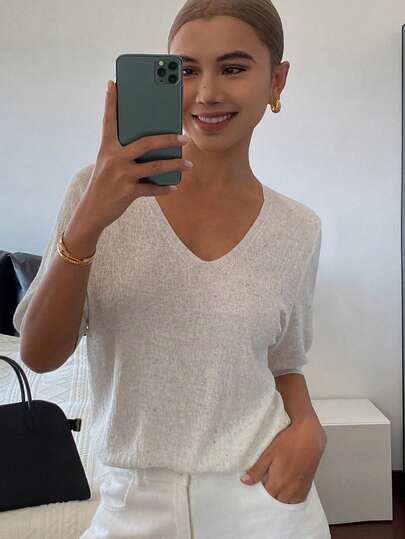 DAZY Women's Floral Chiffon V-Neck Short Sleeve Casual Elegant Lightweight Knit Sweater, Spring/Autumn