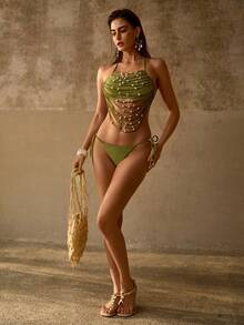 MOTF PREMIUM 串珠细节垂褶挂脖比基尼套装 - 軍綠色 - 查看 5