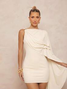 Lumalex 女士优雅休闲杏色圆领系带金属装饰纽扣无袖修身喇叭短连衣裙，春夏款 - 杏色 - 查看 5