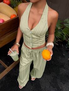 Sunnyshic Women's Casual 2-Piece Set, Minimalist Vertical Striped Sleeveless Tank Top And Flowy Wide Leg Pants, Commuter-Friendly, Suitable For Daily Wear, Spring/Summer - Green - View 6