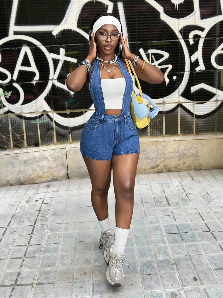 Slaydiva 女士休闲百搭带口袋牛仔背带短裤 - 藍色 - 查看 1