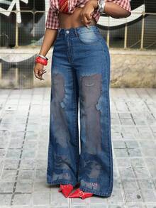 Slaydiva Women's Fashion High Waist Wide Leg Washed Denim Jeans - Blue - View 3