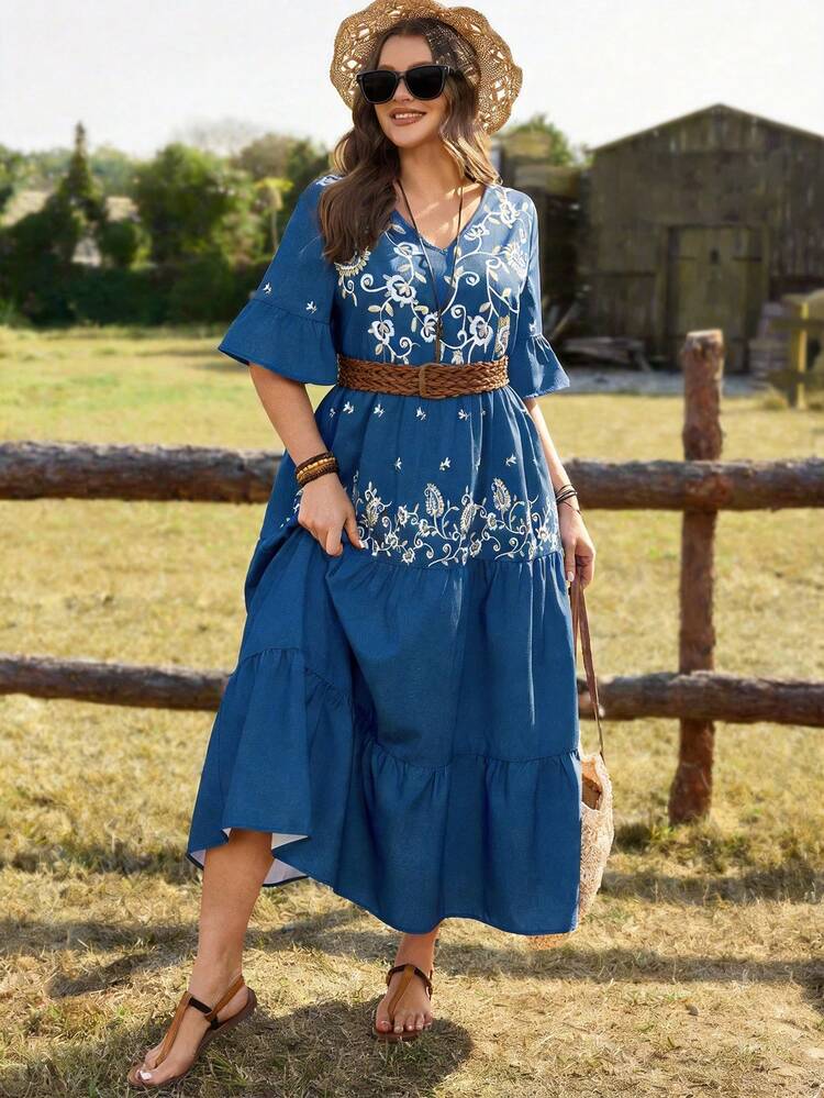 Plus Size Women's Summer Casual Vacation Country Faux Embroidery Floral  Print V-Neck Ruffle Sleeve Multi-Tiered Hem Long Blue Faux Denim Dress For Summer,Summer Outfits For Women ,Vacation Outfits Women ,Holiday Outfits For Women,Going Out Outfits,2026 New Clothes,Simple And Fashionable For Everyday Wear,Suitable For Summer, Vacation, Daily Wear, Festival Outfits For Women,Country Concert Outfit,Beach Outfits For Women,Western Style,Flowy Dress
