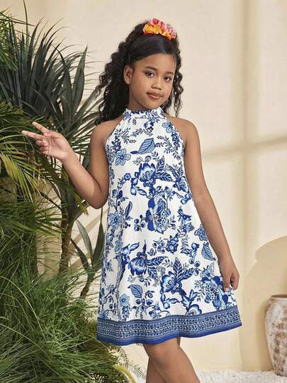 SHEIN Vestito estivo casual senza maniche e senza colletto, con stampa floreale tropicale colorata, scollo a spalle scoperte, lunghezza al ginocchio, stile A-line, in tessuto intrecciato, adatto a ragazze pre-adolescenti, coordinato per l'intera famiglia