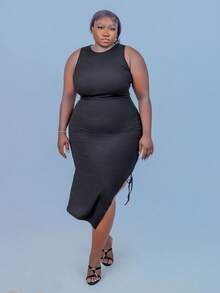 CurvyTilda Plus Size Women Casual Black Ruched Side Slit Dress, Shirring, Wedding Guest Dress Women, Vacation Outfits Woman, Beach Outfits For Woman, Sundress, Festival, Birthday Dresses For Women, For Hourglass Body Shape, For Summer - Black - View 4