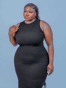 CurvyTilda Plus Size Women Casual Black Ruched Side Slit Dress, Shirring, Wedding Guest Dress Women, Vacation Outfits Woman, Beach Outfits For Woman, Sundress, Festival, Birthday Dresses For Women, For Hourglass Body Shape, For Summer - Black - View 5
