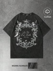Manfinity EMRG Young Men's Street Style, Minimalist Design Cotton Fabric Short Sleeve T-Shirt With Distressed Wash Effect, Casual And Relaxed Street Style, Suitable For Daily Wear, Leisure, Fashion Outfit, Street Style, Holiday Gift - Black - View 1
