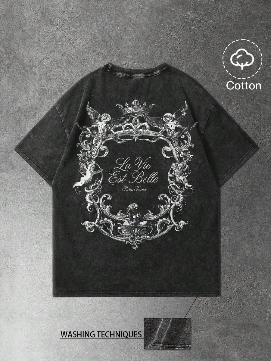 Manfinity EMRG Young Men's Street Style, Minimalist Design Cotton Fabric Short Sleeve T-Shirt With Distressed Wash Effect, Casual And Relaxed Street Style, Suitable For Daily Wear, Leisure, Fashion Outfit, Street Style, Holiday Gift - Black - View 1