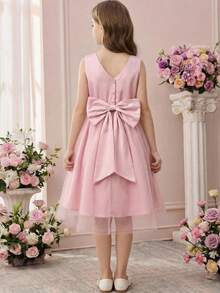 Pitira Đầm lưới màu hồng ngọt ngào dễ thương có nơ cho bé gái tuổi teen, đầm dự tiệc, đầm phù dâu đám cưới, đầm dự tiệc sinh nhật. - Hồng - Xem 2