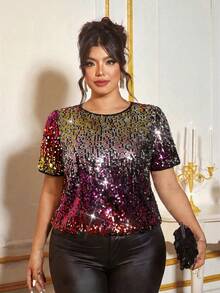 Cravure Plus Size Women Gradient Sequin Round Neck Short Sleeve Elegant Blouse - Multicolor - View 4
