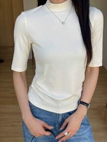 DAZY Women's Mock Neck Fitted Half Sleeve T-Shirt - White - View 5