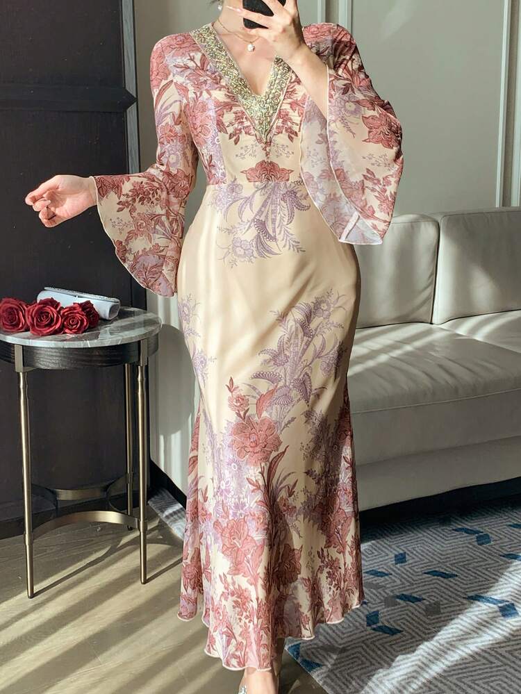 Women's V-Neck 3/4 Sleeve Ribbon Patchwork Waist Printed Dress, Elegant Resort Style Dress Sundress Boho