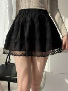 FRIFUL 女士弹力腰网纱拼接裙 - 黑色 - 查看 6