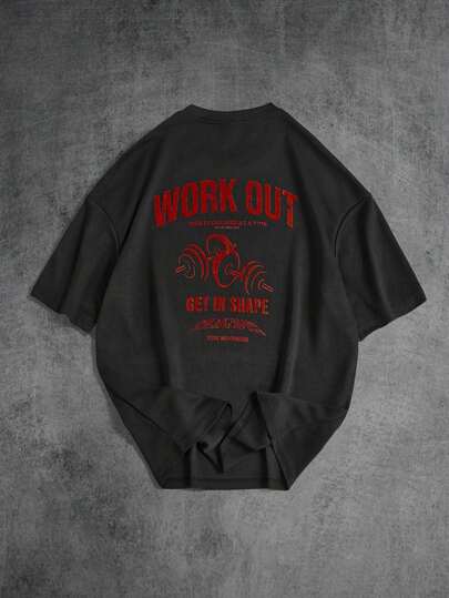 Manfinity ZONE917 男士休闲字母杠铃印花短袖运动T恤，夏季