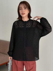 FRIFUL Women's Solid Color Sheer Lace Textured Fabric Collar Splice Lace Trim Long Sleeve Loose Casual Versatile Blouse, Spring/Summer - Black - View 3