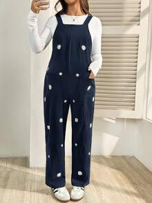 SHEIN Maternity Casual Commuter Daisy Embroidered Jumpsuit - Royal Blue - View 6