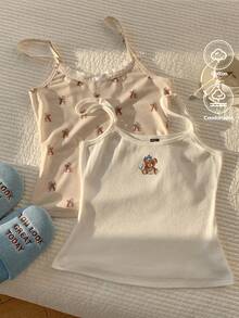 CovetEZ 两件套熊主题家居上衣套装，包含刺绣熊和印花熊图案，女士蕾丝拼接熊印花休闲吊带背心，漂亮上衣，两件装，夏季上衣，可爱上衣，夏季服装上衣 - 彩色 - 查看 1