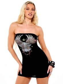 SUMWON WOMEN 黑色无肩带迷你连衣裙，饰有老鹰图案和星星细节，适合派对晚宴等场合。 - 黑色 - 查看 1