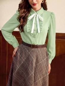 Vintamour 复古优雅女士衬衫，撞色滚边，蝴蝶结荷叶边下摆，纽扣设计，休闲百搭，适合工作、度假、秋季、冬季、圣诞节等各种场合。优雅女士衬衫 - 薄荷綠 - 查看 3