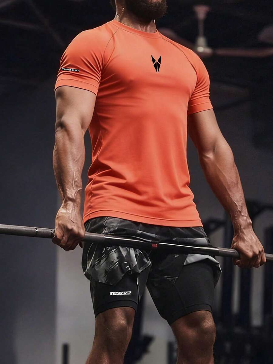 GymBeat Herren Kurzarm T-Shirt und Shorts Lässig Sportanzug - Orange - Übersicht 1