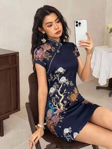 EastFlair 女士优雅新款中国风印花连衣裙，夏季 - 藏蓝色 - 查看 6