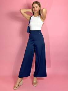 Aless PB 女士高腰显瘦阔腿藏蓝色长裤，适合通勤。 - 藏蓝色 - 查看 5