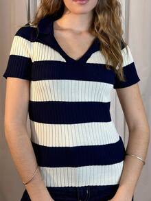Aless PB ملابس علوية مجموعة ألوان مخططة بياقة بولو مصنوعة من النسيج المحبوك، ملابس علوية أكمام قصيرة بطراز شارع باريسي الصيفي - أزرق غامق - مشاهدة 6