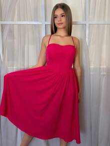 Aless PB Fashionable & Versatile Party Date Strappy Cinched Waist Flowy Dress For Women, Autumn/Winter - Hot Pink - View 3