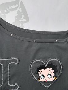 Betty Boop x SHEIN 女士休闲日常字母卡通图案短袖T恤 - 深灰色 - 查看 7