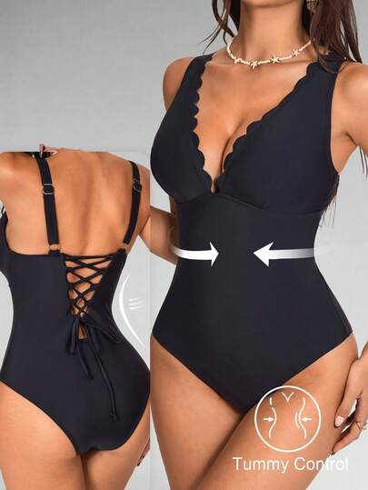 Shapewave Women's Solid Color Arched V-Neck One-Piece Swimsuit, Fashionable For Vacation