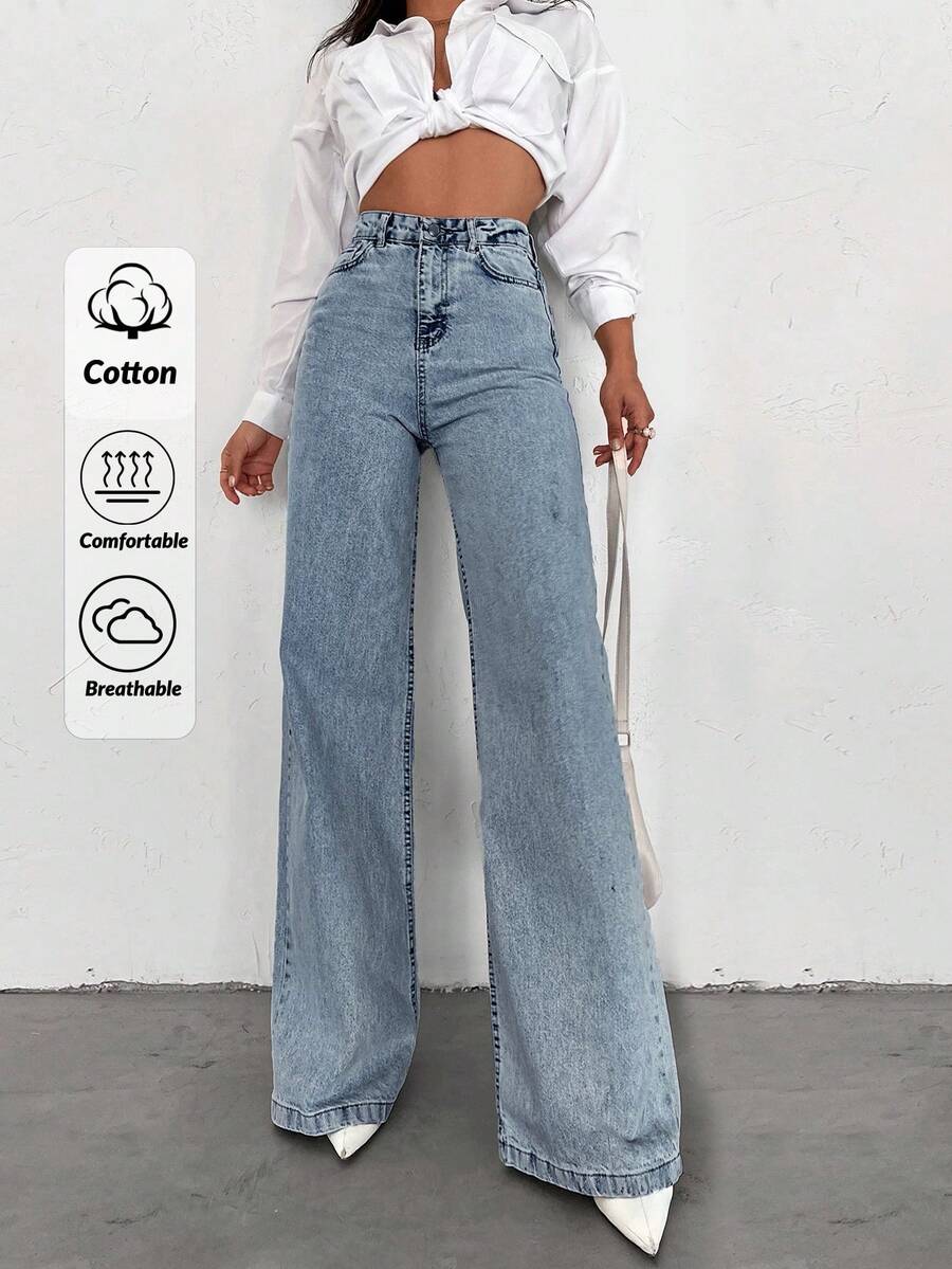 SHEIN Tall بنطلون جينز طويل الذيل ذو خصر عالي وساق واسعة، 100% قطن - أزرق فاتح - مشاهدة 1