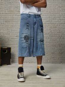 GALLERY FADE Men's Casual Washed Insect Print Denim Bermuda Shorts - Blue - View 4