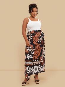 Travachic Plus Size Women's Solid Color Vest Patchwork Print Dress, Wrap Tie Waist Dress, Holiday Casual Beach Dress Plus Size Resort Wear - Multicolor - View 7