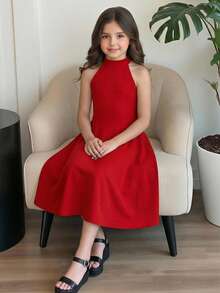 SHEIN Đầm xòe không tay cổ tàu màu đỏ trơn thanh lịch, giản dị cho bé gái, thích hợp cho tiệc Giáng sinh và mặc hàng ngày, trang phục mẹ và bé, đầm đỏ cho bé gái, đầm đỏ cho thiếu nữ, đầm màu trơn, đầm màu đỏ tía cho bé gái, đầm đỏ cho thiếu nữ tuổi teen - Đỏ - Xem 1