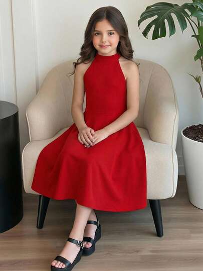 SHEIN 优雅休闲纯红色立领无袖喇叭连衣裙，适合圣诞派对和日常穿着，也可作为母女装。这款连衣裙款式多样，包括红色连衣裙、酒红色连衣裙和少女连衣裙。