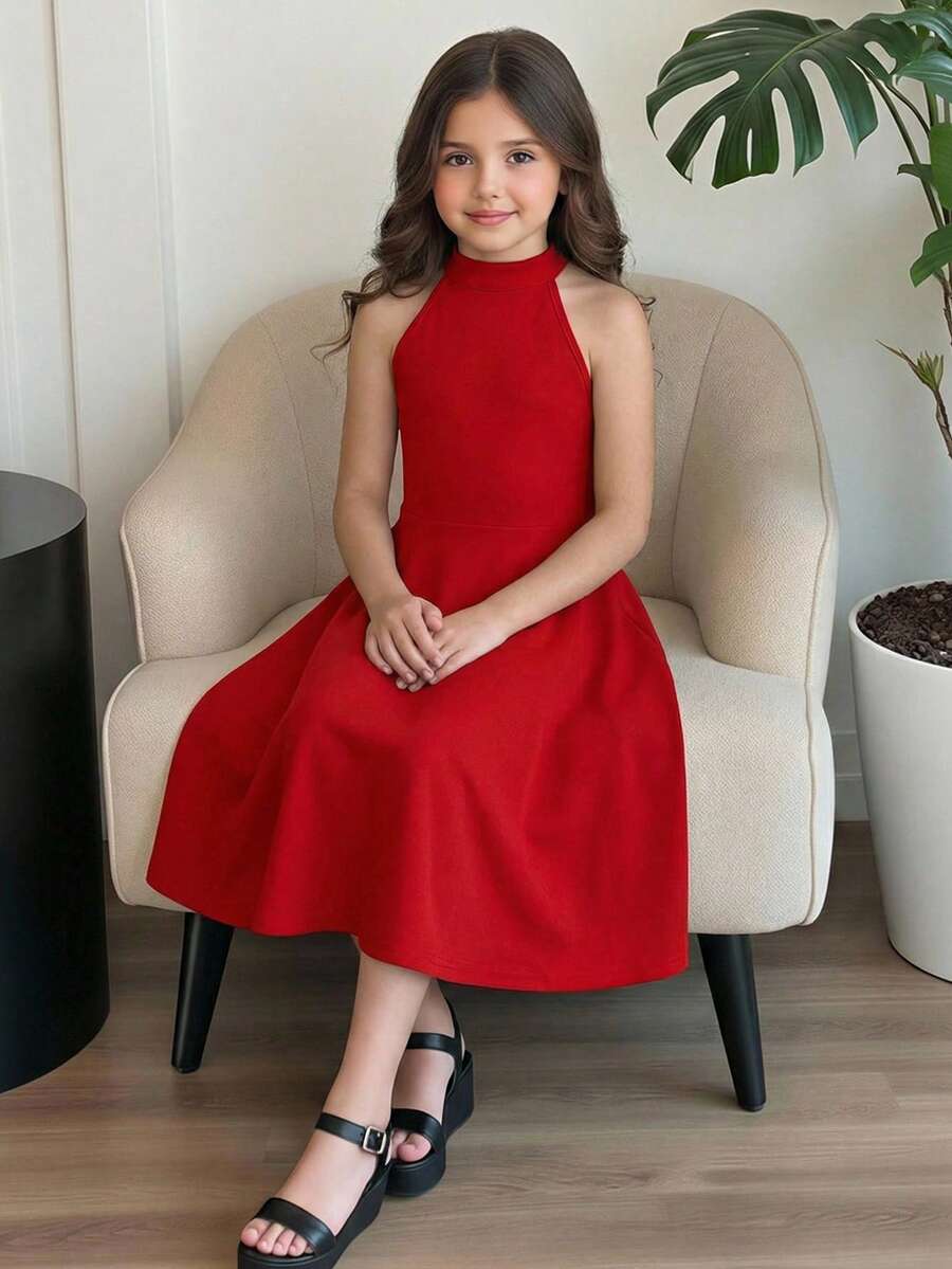 SHEIN Đầm xòe không tay cổ tàu màu đỏ trơn thanh lịch, giản dị cho bé gái, thích hợp cho tiệc Giáng sinh và mặc hàng ngày, trang phục mẹ và bé, đầm đỏ cho bé gái, đầm đỏ cho thiếu nữ, đầm màu trơn, đầm màu đỏ tía cho bé gái, đầm đỏ cho thiếu nữ tuổi teen - Đỏ - Xem 1