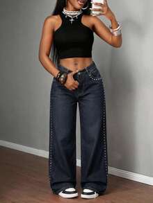 Slaydiva 夏季女士派对休闲夏季度假装扮，铆钉设计口袋阔腿宽松休闲牛仔裤 - 藍色 - 查看 3