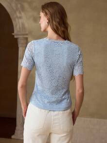 MOTF PREMIUM WOMEN'S LACE V-NECK SHORT SLEEVE FITTED T-SHIRT, SUMMER - Blue - View 3