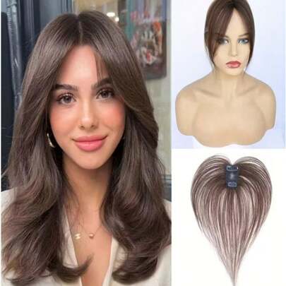 Tóc giả che đỉnh đầu màu nâu tự nhiên, rẽ ngôi giữa, kích thước 4x6cm, dạng lưới Thụy Sĩ vô hình, kiểu tóc thẳng, giúp tăng độ dày và che khuyết điểm vùng đỉnh đầu, dành cho tóc mỏng, kẹp cài cho nữ.