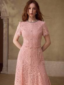 MOTF PREMIUM NEW SUMMER PINK BOW DECOR PEARL ROUND NECK LACE DRESS, ELEGANT LACE DRESS FOR WOMEN - Pink - View 5