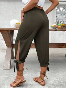 Breezaya Plus Size High Waist Drawstring 7/8 Pants, Spring/Summer Lace Up Pants Cropped Pants - Army Green - View 2