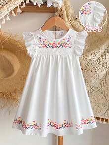 SHEIN Genkimix Kids 女童春夏休闲时尚新款连衣裙，正面彩色数码印花图案，白色镂空蕾丝饰边，白色蕾丝无袖荷叶袖，白色梭织面料拼接下摆，圆领连衣裙，适合夏季女童穿着，可爱韩版简约风格，适合日常上学、外出游玩等场合。春夏白色碎花连衣裙，女童白色童装，小女孩墨西哥风连衣裙，女童连衣裙，夏季服装。优雅派对礼服。柔软连衣裙。 - 白色 - 查看 10