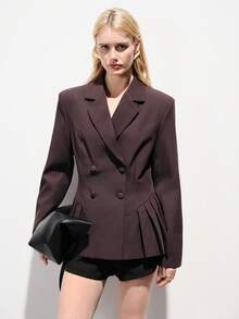 Aveloria Modichic 新款女士平驳领OL职业宽肩褶裥下摆长袖西装外套 - 咖啡棕 - 查看 5